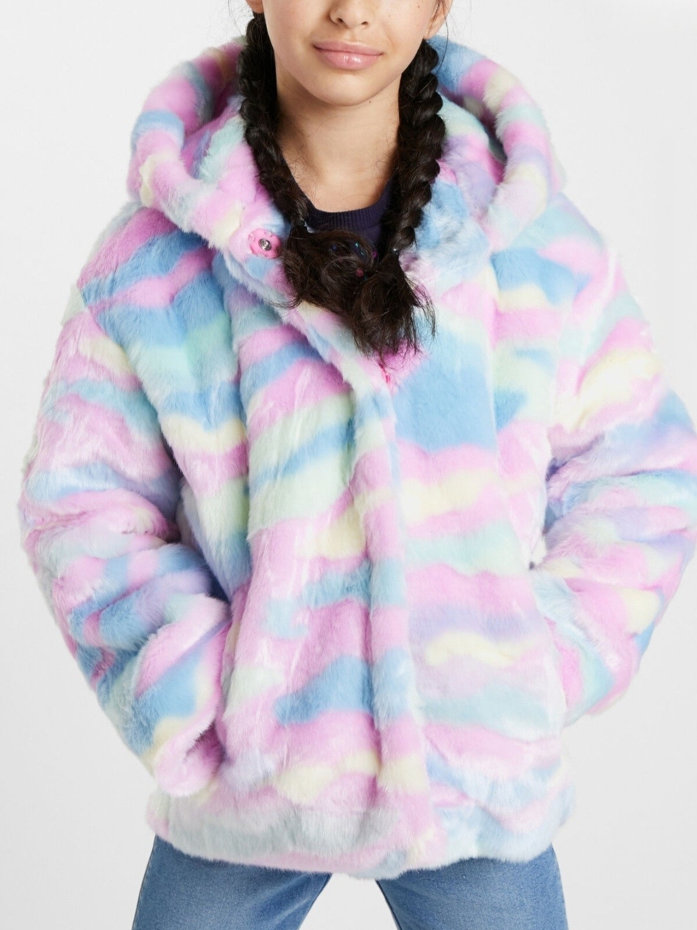 Desigual Pastel Rainbow Faux Fur Coat in Lavender, Mint, Baby Blue